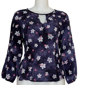 LONG SLEEVE FLORAL BLOUSE NAVY BLUE SIZE M